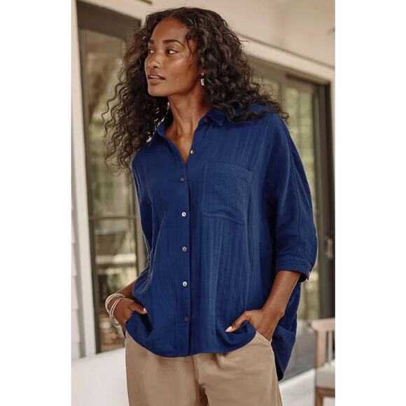 NWT J. JILL Women's 100% Cotton Tunic Top 3/4 Sleeve Button Front Blue Sea Sz S - Picture 1 of 11